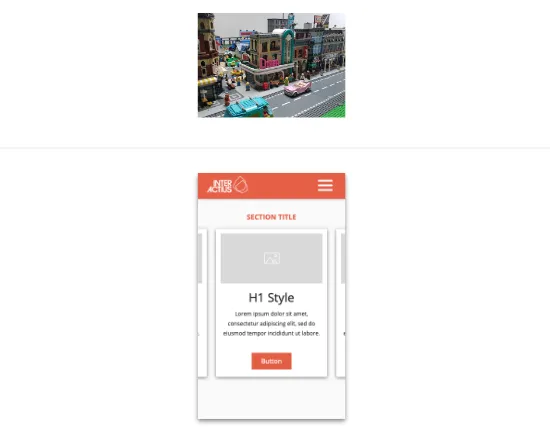 Arriba: ciudad de lego. Abajo: representación de la estructura de una página web con cabecera, menú superior y un carousel.