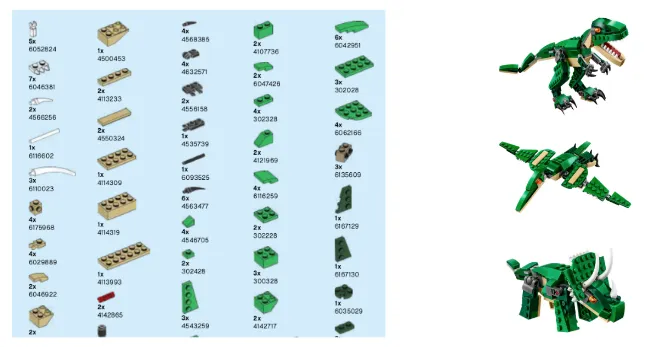 Listado de piezas de lego y tres figuras de dinosaurios que pueden crease con las mismas piezas