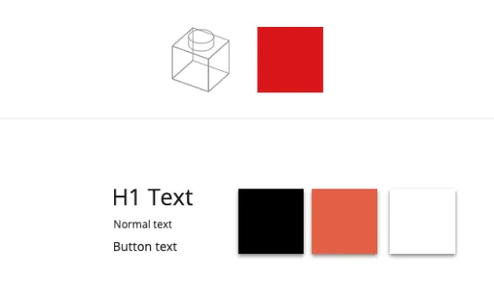 Arriba: representación de la forma una pieza de lego sin color. Abajo: hay muestras de tipografías y colores.