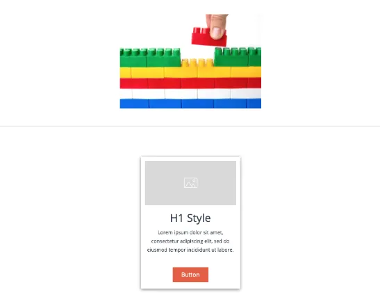 Arriba: pared de piezas de lego. Abajo: caja HTML compuesta por una imagen, un título, un párrafo y un botón.