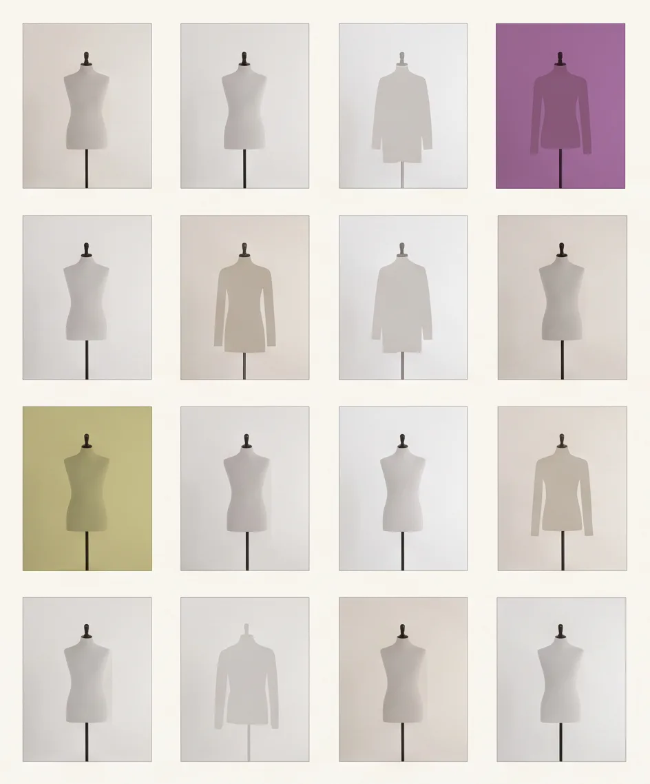 A grid of sixteen shop mannequins; fourteen in near-identical beige and grey tones, and only two against saturated colour backgrounds.