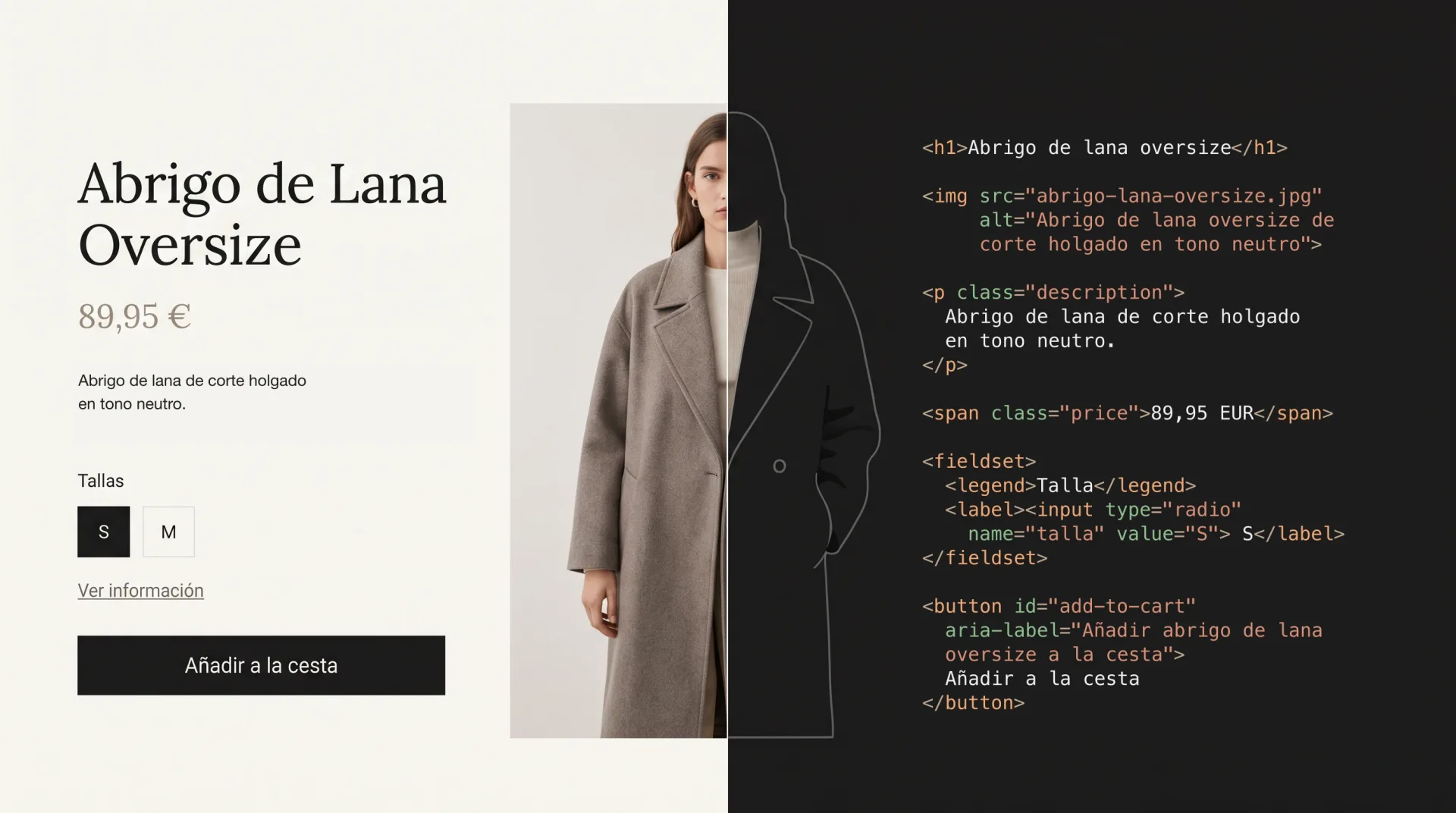 A single product page split down the middle: on the left, what a person sees — photo, price, sizes and buy button; on the right, the same content as HTML markup with its alternative text, its attributes and its aria-label.