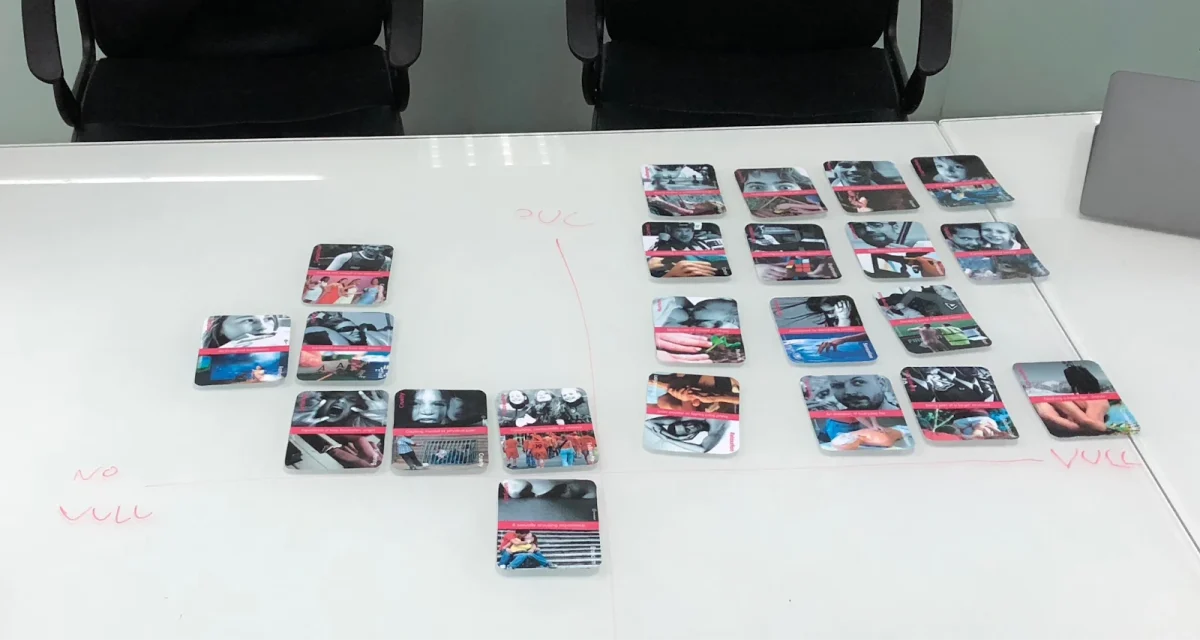 Imagen de una dinámica de búsqueda de potenciales lúdicos en un contexto empresarial, utilizando las PLEX cards.